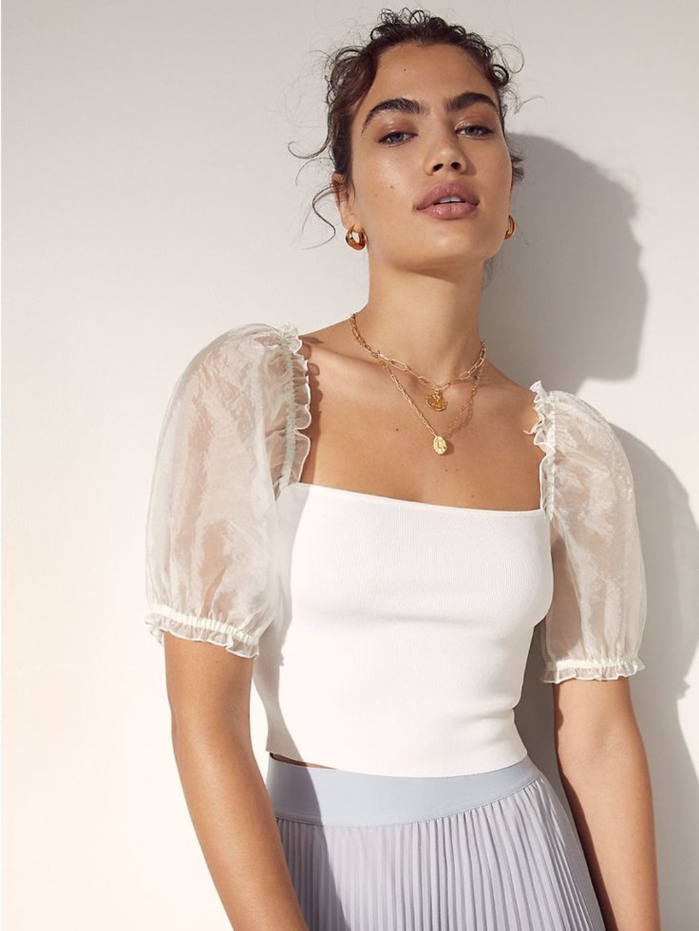 Aritzia Sheer Puff Sleeve Cropped Top in Cream